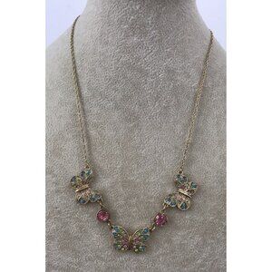 Vintage Monet Gold Toned Butterfly Necklace Blue Green Pink Rhinestones